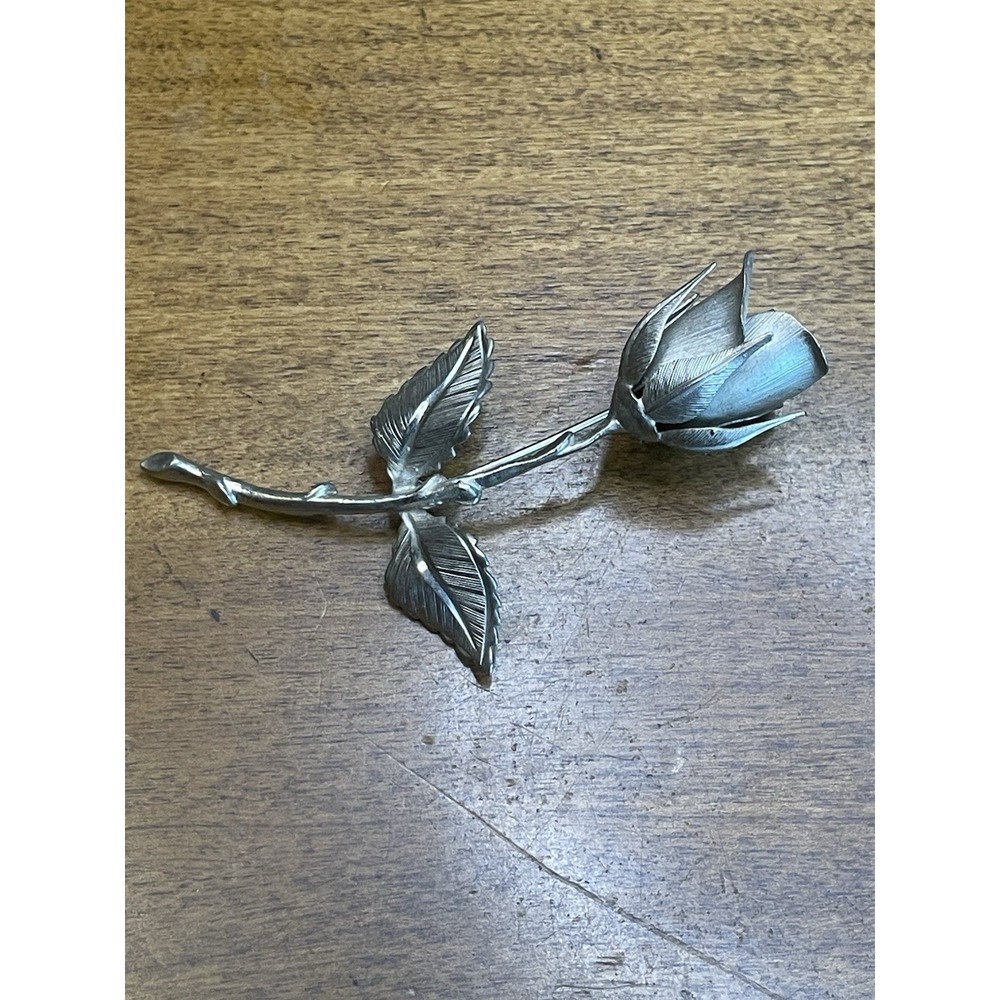 Vintage Giovanni Rose Brooch Silver Tone Long Stem  Pin 3 Inches Long Signed
